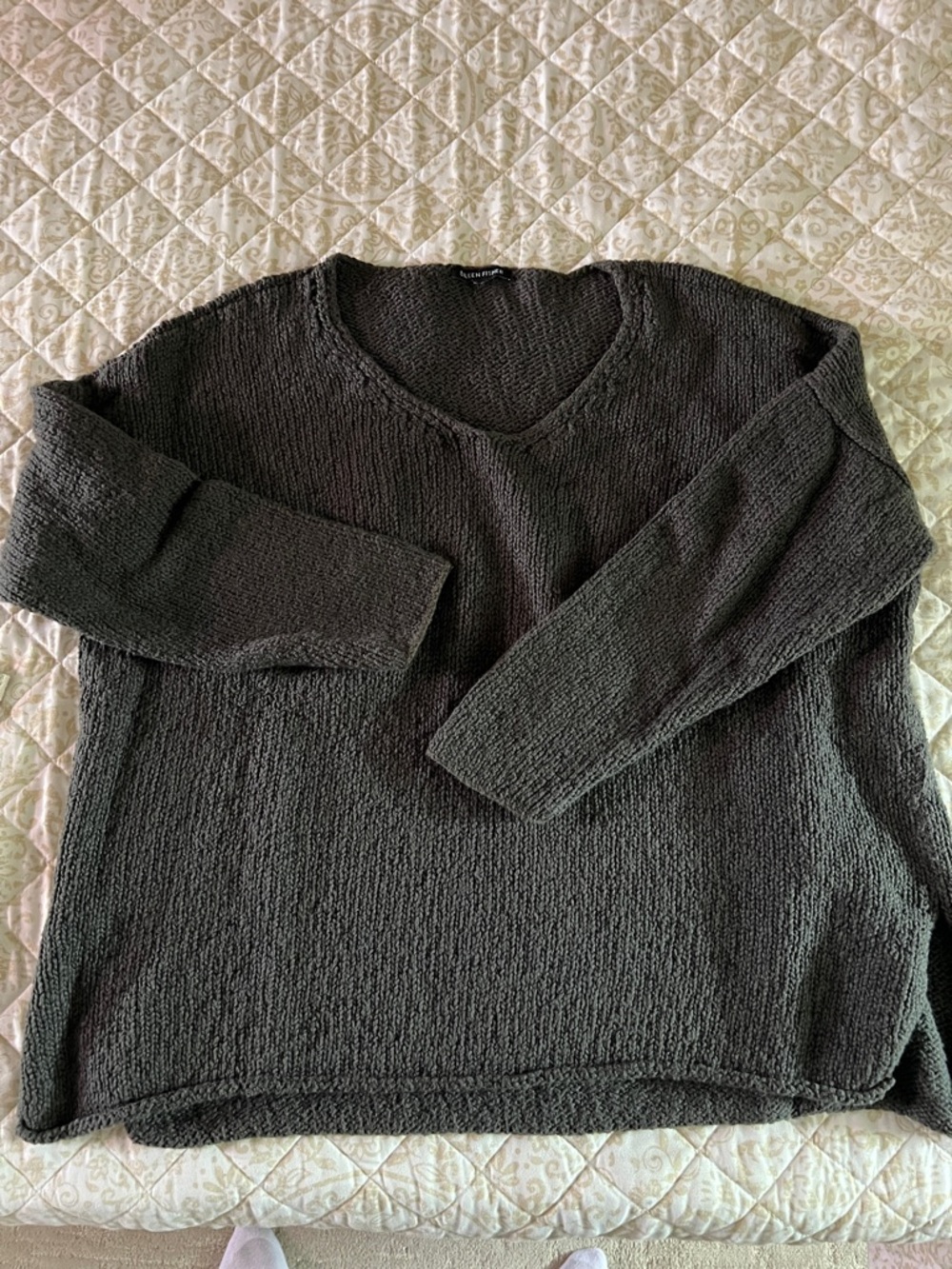 Eileen Fisher Dark Charcoal Green V-Neck Knit Sweater